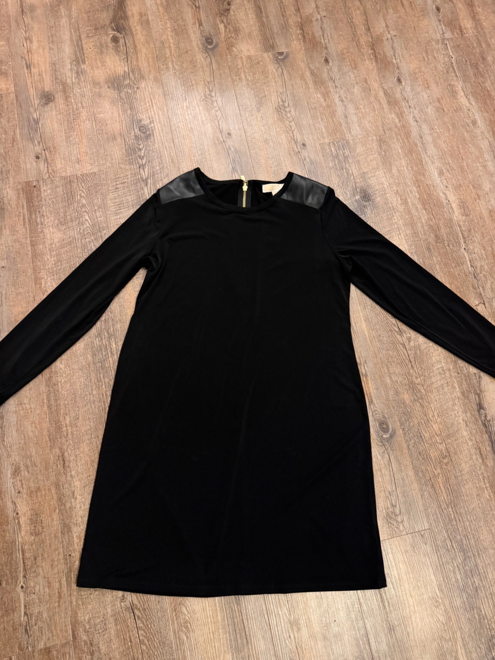 Michael Kors Women's Black Long-Sleeve Shift Dress with Leather Shoulder Detail